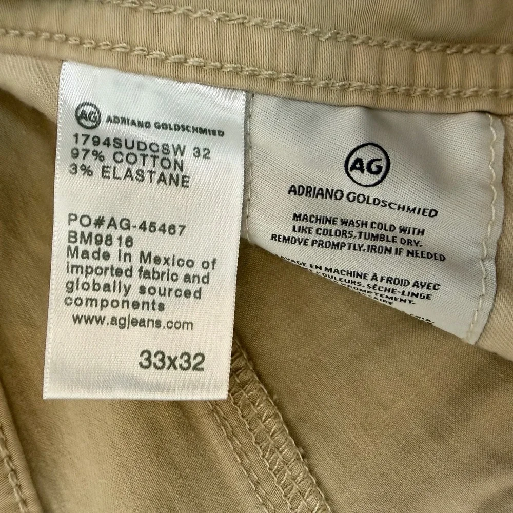 AG Adriano Goldschmied The Everett Pants Mens 33x28 Slim Straight Khaki Stretch